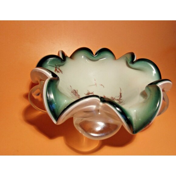 Vintage  Murano  Art Glass Bowl 7" x 7" Green, White, Clear - Picture 4 of 15